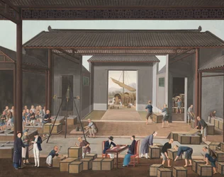 Teproduksjon, ca. 1820 (kroppsfarge og gullmaling på silke lagt ned på papir)