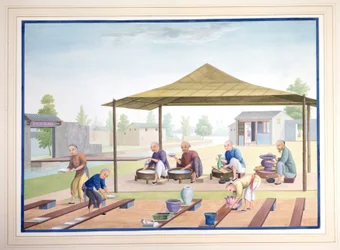 Arbeidere som påfører glasurene, ca. 1825 (gouache på papir)