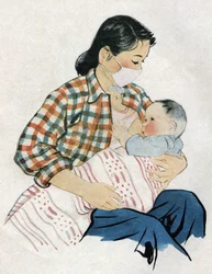 Ung mor ammer babyen sin. Illustrasjon, i «Hvordan gi barna våre bedre næring», Le Journal de la Santé Publishing, Beijing