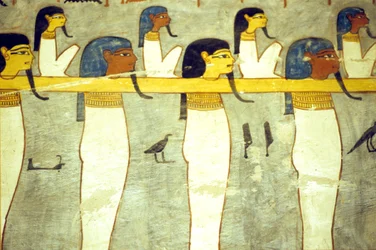 Det gamle Egypt, maleri, underverdenens guder bundet til Hathor, guddommelig ku, sleper solbarken, Ramses I#39;s grav, Theben