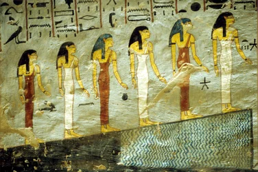 Det gamle Egypt, maleri, Ramses I#39;s grav, Theben, seks gudinner som representerer nattens første seks timer, og som stiger opp et fjell under hvilket det er en dam