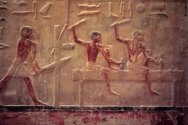 Det gamle Egypt, veggutskjæring/maleri, Mastaba/Tis grav, Saqqara, 5. dynasti, snekkere som sager og hamrer, forme bjelke (bilde)