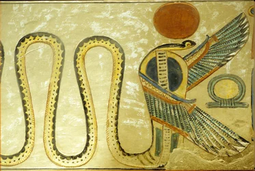 Det gamle Egypt, veggmaleri, Amonherkhepeshefs grav, uraeusslanger og vingede slanger vokter inngangen til gravkammeret, 20. dynasti, Dronningenes dal