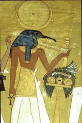 Oldtidens Egypt, veggmaleri i Inherkhaus grav, Theben, guden Thot introduserer den avdøde for Osiris, 20. dynasti, ibis-hodet gud med måneskive