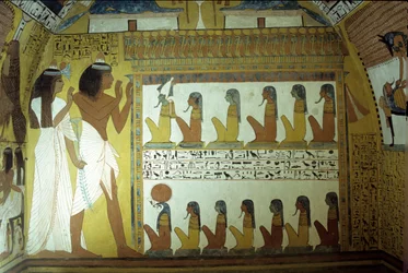 Det gamle Egypt, veggmaleri, Sennedjems grav, vegg, Sennedjem og hans kone tilber underverdenens guder, Osiris, Horus, Theben, Deir el Medina