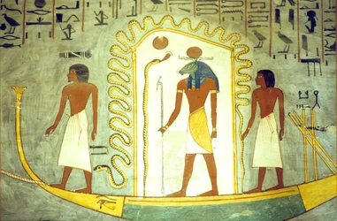 Det gamle Egypt, veggmaleri/utskjæring, Ramses I#39;s grav, Theben, Amon Ra#39;s bark slept gjennom underverdenen (bilde)