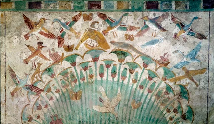Oldtidens Egypt: dyr i et papyruskratt, kalksteinsfragment fra Neferhoteps grav, omkring 1400 f.Kr., 18. dynasti, mål 43 x 74 cm, Paris, Louvre-museet - Egyptisk oldtid: dyr i et papyruskratt, kalksteinsfragment fra Neferhoteps grav