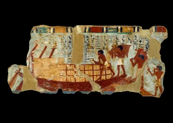 Gammel egyptisk kunst: lasting av korn på et båtmaleri på silt fra graven til Ounou (1450 f.Kr.).