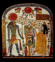 Art of Ancient Egypt: stele de taperet avdøde Taperet adresserer en bønn til Re-Horakhty (Re Horakhty, rundt 900 - 800 f.Kr.) Paris, Musee Du Louvre