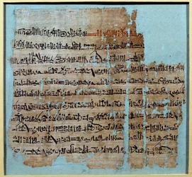 Egyptisk antikk: Papyrus fra historien om slaget ved Qadesh under regimet til Ramses II (1246-1213) I 1274 f.Kr., Det hettittiske riket, hvis sentrum var i Anatolia, og Ramessid Egypt. Søn 0,2x0,23 m Paris, musee du Louvre