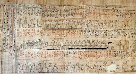 Egyptisk antikk: Papyrus henter fra Book of Secretive Homes. Denne boken er en kommentert fremstilling av solens underjordiske reise i løpet av de tolv timene om natten. Først tegner på veggene til kongelige tomes, det ble deretter transkribert på