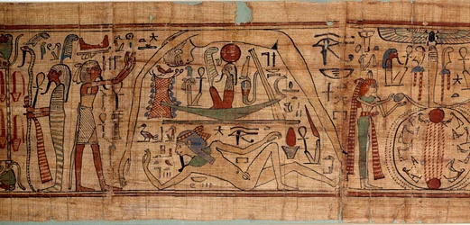 Egyptisk antikk allegori av kosmos: mytologisk papyrus av Neskapashouty, regnskapsskriver av korn som representerer kosmogoni, med Geb, Nout, Nephtys, Osiris. 1070-664 f.Kr. 21. dynasti. Søn 2,7x0,27 m Paris, musee du Louvre