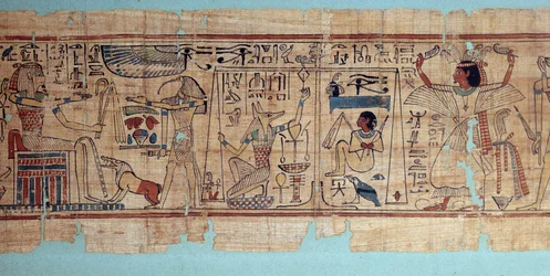Egyptisk antikvitet: detalj av den mytologiske papyrusen til Neskapashouty, regnskapsfører for kornene på Amons loft. Anubis veier hjertet (sjelen) til den avdøde. 21. dynasti