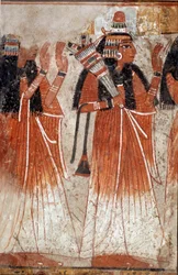 Egyptisk antikvitet: fragment av veggmaleri fra Niays grav som viser en besmittelse av slektninger til den avdøde. Fra stedet til Dra Aboul Naga. 19. dynasti (1295-1186 f.Kr.) Søn. 0,61x0,39 m