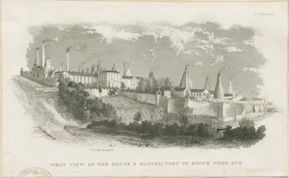 Burslem - hus og fabrikk til Enoch Wood & Sons: gravering, nd [?1800-tallet] (trykk)