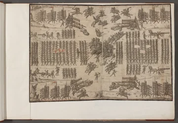 Bomull Augustus III, f.1 Et slag. Hærer i formasjon. Tegninger av hærer, soldater, hester og seler og andre militære scener. 1500-1650