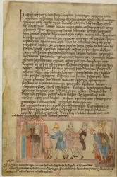 Cotton Claudius B. IV, f.58v En scene som viser angelsaksisk rettferdighet, illustrasjon fra (vellum)