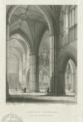 Interiør av Lichfield Cathedral - Kryss fra det nordlige transept: gravering, nd [midten av 1800-tallet] (trykk)