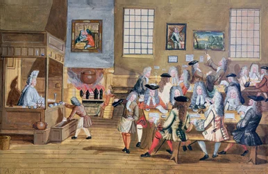 Interiør av et kaffehus i London, ca. 1650–1750 (akvarell på papir)