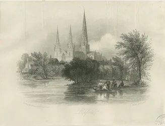 Lichfield Cathedral - South West View: gravering (vignettert), nd [c 1842] (trykk)