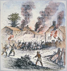 Nipmuc-indianere angriper bosetningen Brookfield, Massachusetts i august 1675 (farget gravering)