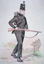 Menig fra 95th Rifles, ca. 1810, bevæpnet med Baker Rifle, designet av Ezekiel Baker fra London (farge litho)