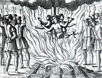 Beretningen om de tre martyrene fra Guernsey som ble brent på bålet, fra en utgave av «Acts and Monuments» av John Foxe (1516–87) (gravering)