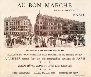Annonse for #39;Au Bon Marche#39; på Rue du Bad, Paris (trykk)