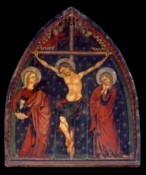 Art France, middelalder: korsfestelse. Maleri på tre fra Sauvagnat, Puy de dome i Auvergne. Mål: 1,45 x 1,22m. Paris, Musee De Cluny