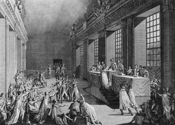 Dager med 18 og 19 tåke An VIII (9. og 10. november 1799): Bonapartes statskupp i Chamber of the Council of Five Cents (Five Cents) (Room of 500) som styrtet hovedstyret, tok makten og ble navngitt Første konsul. Paris, Instituttets bibliotek