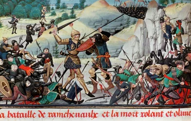 Ridderen Rolands død, Karl den stores nevø, i slaget ved Roncevaux (778) mellom Karl den stores hær og sarasenerne. Miniatyr. Paris, B.N.