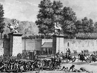 Første av den franske revolusjonen: Monsieur Charles Eugene de Lorraine, prins av Lambesc (1754-1825) gikk inn i Tuileriene med en avdeling av kongelig tysk 12. juli 1789 for å undertrykke de første revolusjonære. Paris, bibliotek ved Institutt for histori