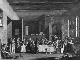 Fransk revolusjon og antirevolusjonær bevegelse: Interiør i en revolusjonær komité under terroråret 1793-1794. Paris, bibliotek ved Institutt for revolusjonshistorie