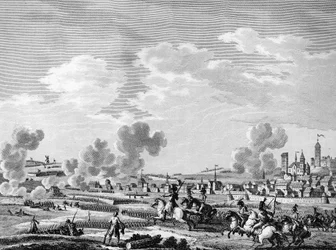 Fransk revolusjon og ankomst av kontrarevolusjonære styrker: seier til de franske revolusjonære i Jemmapes 6. november 1792 over den østerrikske hæren i Belgia. Paris, bibliotek ved Institutt for revolusjonshistorie