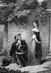 The School for Women Gravering fra "" Works" av Jean-Baptiste Poquelin dit Moliere (Jean Baptiste Poquelin