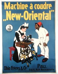Plakat som reklamerer for «New Oriental»-symaskinen, laget av Obin Freres & Co. (litho-farge)
