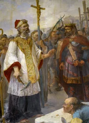 St Corentin legger den første steinen til Cathedrale de Quimper på Odet i nærvær av kong Gralon Meur, 435 - maleri av kirken Morlaix