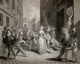 Terror (1793-1794): Italienske komikere (tolkende karakterer fra Commedia dell'arte) blir jaget ut av byen Paris etter sensurtiltakene til parisiske teatre. Gravering. Privat samling