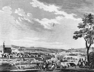 Den franske revolusjonskrig og bevegelse mot revolusjonær: Seier i slaget ved Fleurus vunnet av franskmennene den 8. messidor år II (26. juni 1794) mot Storbritannia og Østerrike. Paris, bibliotek ved Institutt for revolusjonshistorie