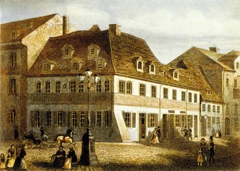 Fødested til komponist Robert Schumann i Zwickau, Sachsen (fargegravering)