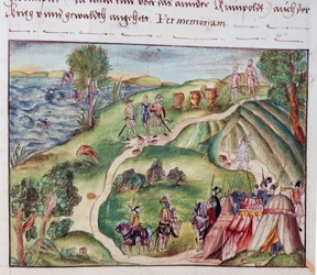 MS Add.15217 fol.40 Et venezuelansk landskap med en spansk leir, fra en samling memoarer fra Coeler-familien, Nürnberg