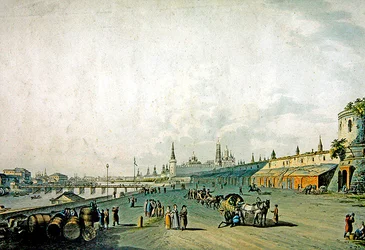 Moskva, utsikt over Kreml og Moskva-kaien (gravering med akvarell)