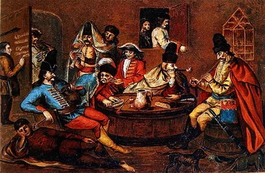 Opprørssoldater av prins Ferenc Rakoczi II slapper av med ledsagere (fargelitho) (etter et ungarsk maleri fra det syttende århundre)