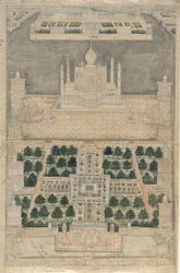 Fugleperspektiv av Taj Mahal i Agra (penn og blekk med akvarell på papir)