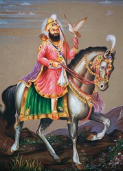 Guru Govind Singh ridende på hest miniatyrmaleri på papir
