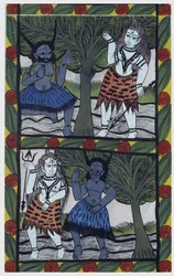 Kama, begjærets gud, sender en kjærlighetspil til Shiva i meditasjon, for å forene seg med Parvati. Pat: malt rull fra Bengal-regionen, som fungerer som et narrativt medium for sangerne Baoul (Baul). Leonard de Selva privat samling.