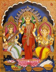 Lord Ganesh med Laxmi og Saraswati miniatyrmaleri på papir med gullpreget India