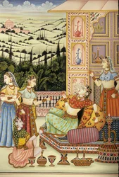Miniatyrmaleri av Mughal-dame som nyter en drink, India