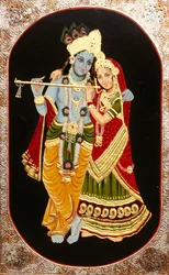 Maleri av Gud Krishna og hennes største hengivne Radha, India