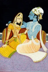 Maleri av Gud Krishna og hennes største hengivne Radha, India